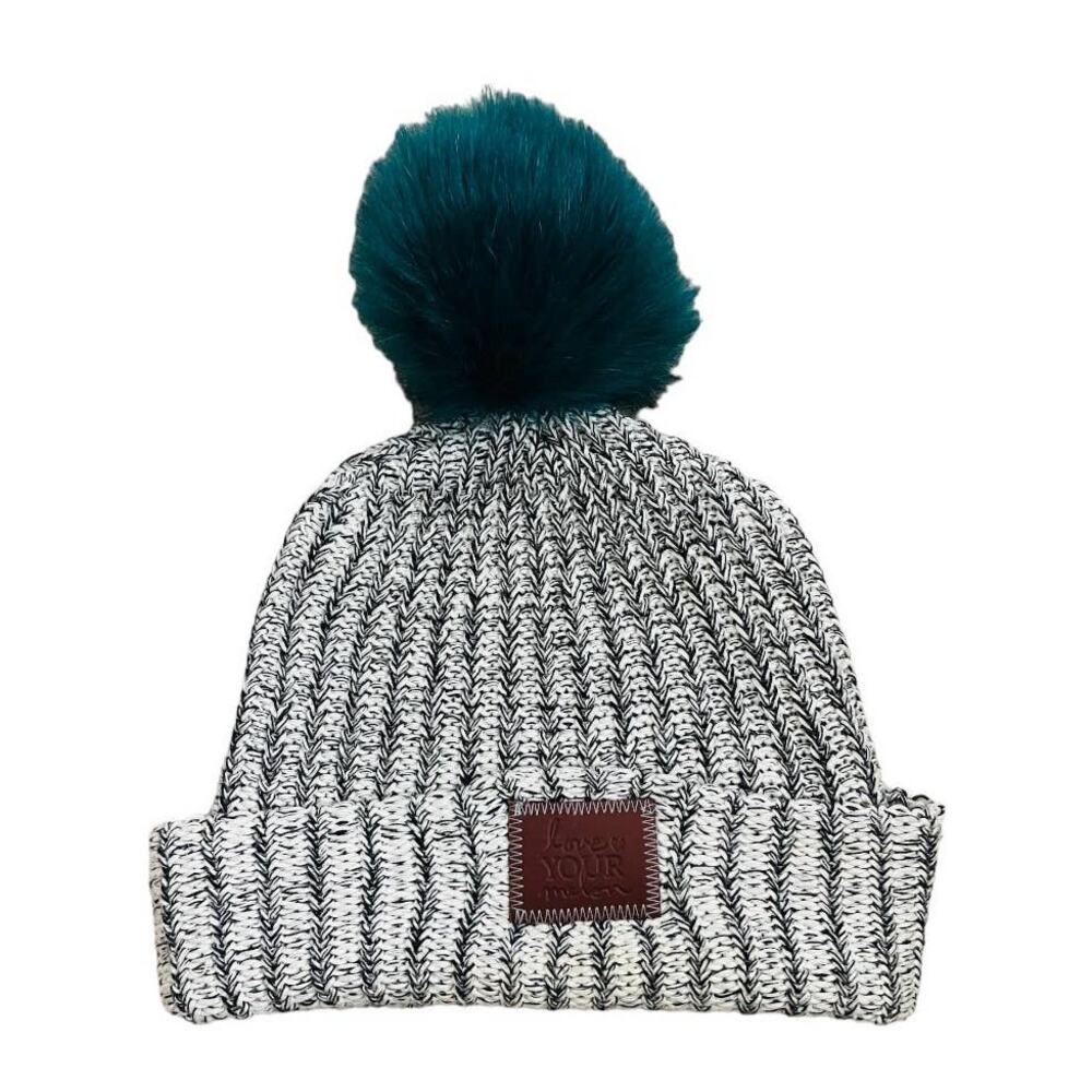 Love Your Melon Chunky Knit Black White Dark Green Pom Pom Beanie